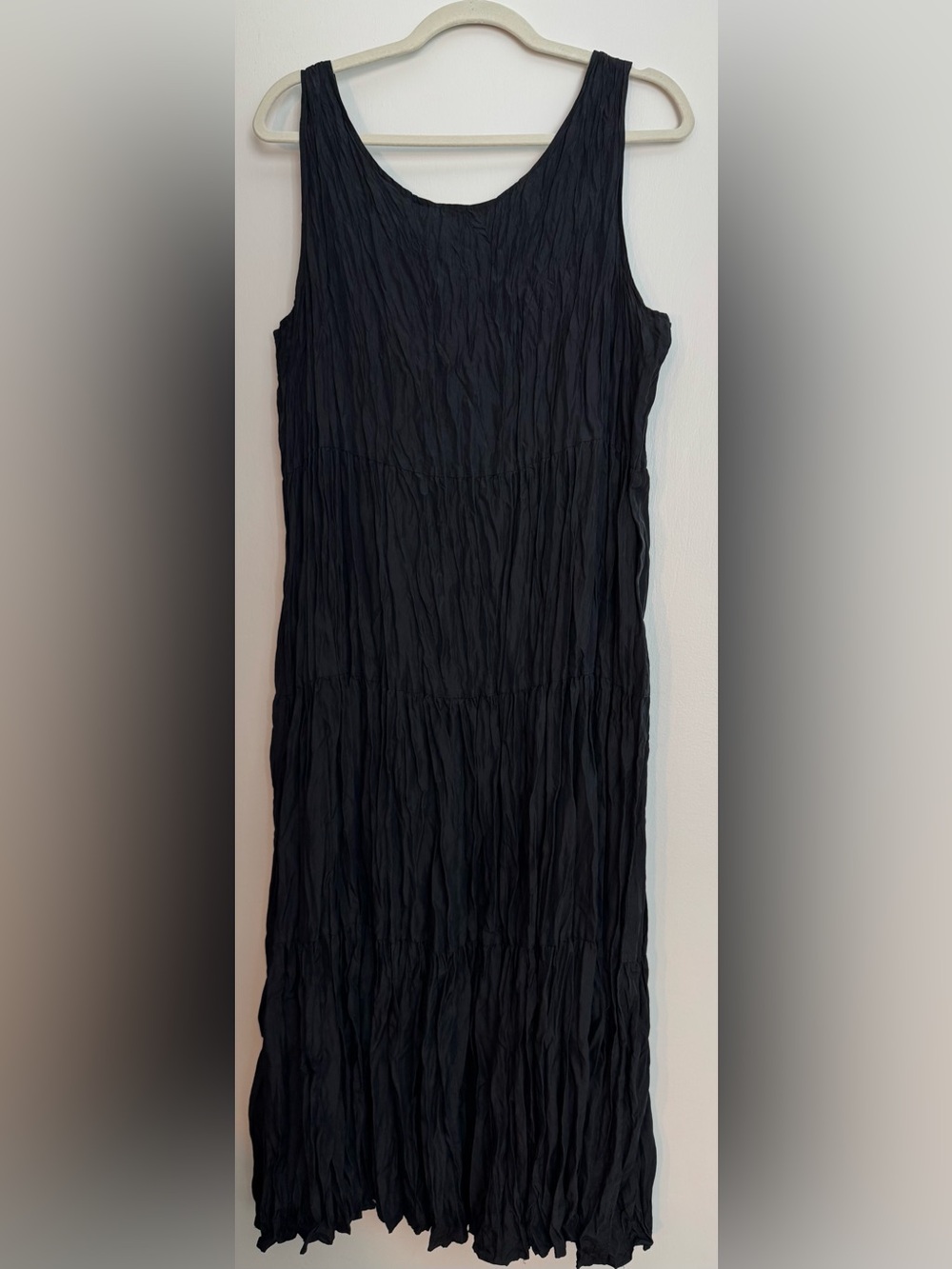 Eileen Fisher black tiered crinkle silk dress XL